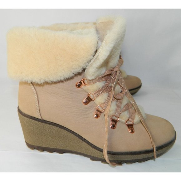 J. Crew 9M Shoes Nordic Wedge Boots Snow Bootie Leather Fur Nude Beige Rose Lace - Picture 9 of 16